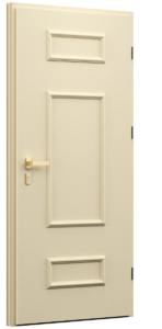 Drzwi z ozdobną ramką, drzwi w stylu angielskim, kremowe drzwi, drzwi ze złotą klamką, drzwi zewnętrzne w stylu angielskim