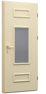 Drzwi z ozdobną ramką, drzwi w stylu angielskim, kremowe drzwi, drzwi ze złotą klamką