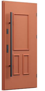 Drzwi z ozdobną ramką, drzwi rustykalne, pomarańczowe drzwi, drzwi z pochwytem, drzwi zewnętrzne w stylu angielskim