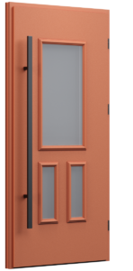 Drzwi z ozdobną ramką, drzwi rustykalne, pomarańczowe drzwi, drzwi z pochwytem