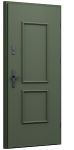 Drzwi z ozdobną ramką, drzwi w stylu retro, zielone drzwi