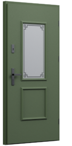 Drzwi z ozdobną ramką, drzwi w stylu retro, zielone drzwi, drzwi zewnętrzne w stylu angielskim