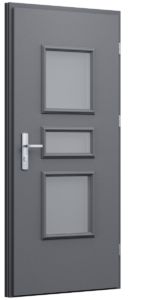 Drzwi z ozdobną ramką, drzwi w stylu angielskim, szare drzwi, drzwi zewnętrzne w stylu angielskim